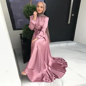 맥시 새틴 드레스 고품질 EID 이슬람 의류 Abaya 두바이 여성 긴 소매 맥시 새틴 드레스