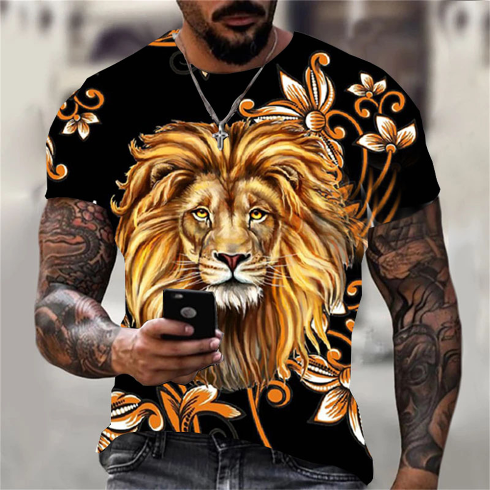 Men's Lion Anime Short Sleeve T-Shirt - Lightning Lion King Graphic Tee, Black, Size L