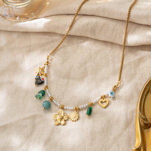 <span class=keywords><strong>Collana</strong></span> Boho Chic in Acciaio Inossidabile Placcato Oro 18K PVD <span class=keywords><strong>con</strong></span> Perle, Perline Verdi, Fiori, Cuori e Occhi - Gioielli alla Moda - Product Image 2