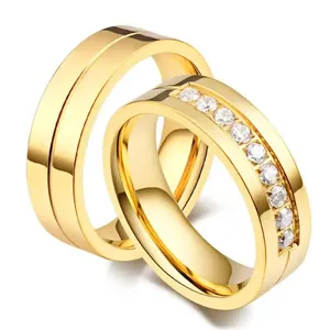 CZ Cristal Amante Jóias Aço Inoxidável 18K Banhado A Ouro Casal Anéis De Casamento