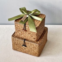 Panier cadeau en jonc de mer tressé à la main avec couvercle, boîte de rangement décorative pour cadeaux de mariage et organisation de la maison