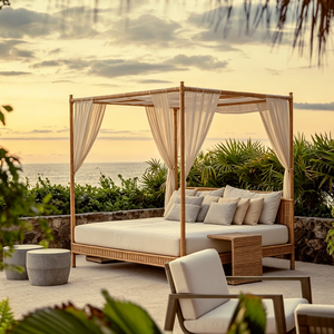 Set di Arredamento Completo per Villa Resort Costiero <span class=keywords><strong>in</strong></span> Stile Wabi con Letto a Baldacchino <span class=keywords><strong>in</strong></span> Lino, Parete a Doghe <span class=keywords><strong>in</strong></span> <span class=keywords><strong>Legno</strong></span> e Mobili da Pranzo <span class=keywords><strong>in</strong></span> <span class=keywords><strong>Legno</strong></span> e Rattan Tropicale - Product Image 5