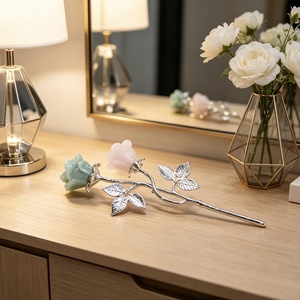 Cristal Curativo Natural en Forma de Rosa con Rama Plateada, Cuarzo Rosa/Sodalita/<span class=keywords><strong>Aventurina</strong></span> para Decoración - Product Image 3