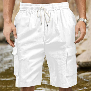 <b>Men</b> Linen Cargo <b>Shorts</b> <b>White</b> Loose Fit Multi Pocket Elastic Waist Drawstring Casual Outdoor Summer - Product Image 1
