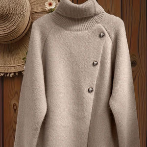 Nueva Moda Otoño-Invierno, Suéter Casual Elegante con Diseño de Botones, Cuello Alto, Tejido a Mano, Logotipo Frontal, Manga Larga - Product Image 1