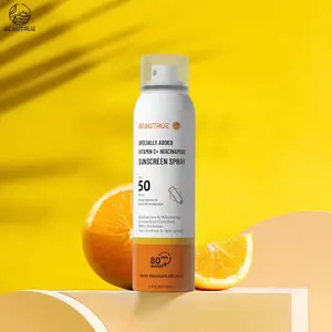 Kustom alami Vitamin C Niacinamide SPF 50 PA +++ pemutih tabir surya semprotan pelembab UVA + UVB aluminium layar semprotan matahari