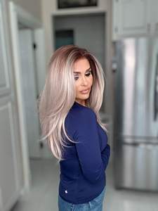 Pelucas sintéticas de fibra de alta calidad 13x4 con encaje, color rosa ceniza rubio con raíz marrón, para mujeres a la moda, uso diario. - Product Image 3