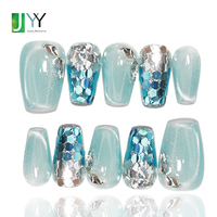 Uñas postizas de gel azules hechas a mano de marca privada con lentejuelas, venta al por mayor, uñas artificiales de lujo con brillo, punta de uña tipo ataúd personalizada con purpurina