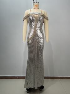A10846 elegante vestido de noche de lentejuelas plateadas para mujer fuera del hombro largo sirena Formal fiesta de lujo graduación imperio cintura hasta el suelo - Product Image 2