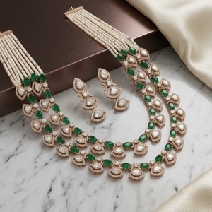Elegant 925 Silver Green Stone Pearl Layered <b>Necklace</b> and Earrings Set for Women Traditional Indian Jewelry Wedding Party Wear - Product Image 2