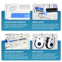 Lit médical à manivelle simple avec tête de lit en ABS, cadre en acier, barrière pliable, matelas sur mesure, poteau de perfusion et roues mobiles pour soins