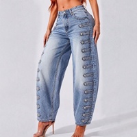 Jean taille haute pour femme 2026, coupe large et décontractée, avec plusieurs boutons latéraux, en denim délavé, style urbain, pantalon long