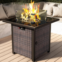 Table de foyer carrée en rotin au propane d'extérieur avec couvercle en verre trempé, pare-vent en verre, 50 000 BTU, pour terrasse, jardin