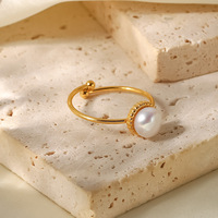Mode Simple Bague Perle Plaqué Or Réglable En Acier Inoxydable Perle Anneau Bijoux Femmes