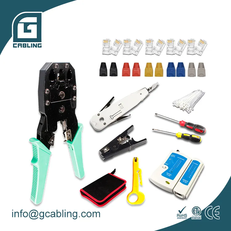 Gcabling computer repair tool kit with lan tester insertion cutting crimping tool RJ45 boot RJ45 connector network tools kit