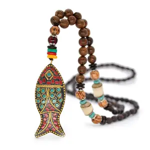 Bohemia Vintage Handmade Stone Wooden Buddha Beads Long Chain Wooden Fish Pendant Necklace for Women Men