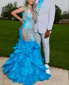 Groothandel Custom Prom Jurken Blauwe Veren 2024 Avondjurken Sexy Blauwe Satijnen Strass Baljurk Prom Jurk Voor Vrouwen