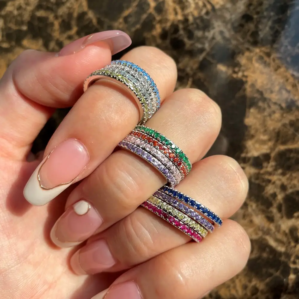 RAKOL แหวนเพชรสวิสสีรุ้งสำหรับผู้หญิง,แหวนสีรุ้งประดับพลอยเทียมพลอยสีรุ้ง AJ0018ทรงลูกบาศก์925