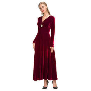 Las mujeres de baile de fiesta rojo vestido largo con cuello en V de manga completa falda alta cintura vestido de <span class=keywords><strong>terciopelo</strong></span> - Product Image 2