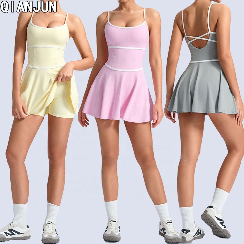Custom Women Color Blocking Yoga Tennis Dress Comfort Casual Gym Fitness One-piece Dress Backless Outdoor Workout Dress