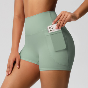Shorts de yoga et d'entraînement taille haute pour femmes, 3 pouces, avec poche latérale pour téléphone, effet ventre plat et fessier galbé, sans démarcation visible (No Camel Toe) - Product Image 1