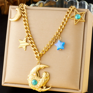 Gold Plated Stainless Steel Moon Owl Star Pendant Chain Clavicle Necklace Party Jewelry - Product Image 5