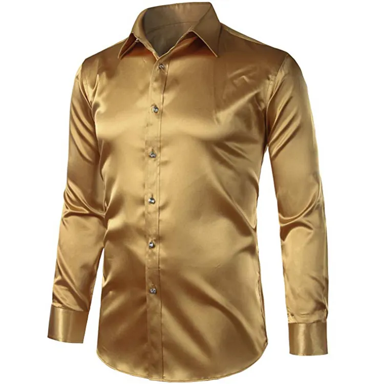 Trendy shiny high visibility men satin silk solid color long sleeve dress shirt