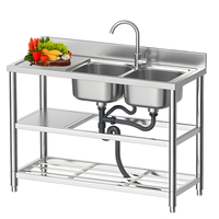 Évier de cuisine professionnel en acier inoxydable pour restaurant, intérieur/extérieur, 80/100/120 cm, avec poste de travail et cuve simple/double carrée