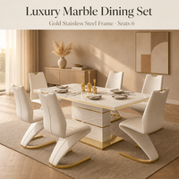 Ensemble de table à manger rectangulaire en marbre de luxe moderne avec base dorée et 6 chaises rembourrées, mobilier de salle à manger d'hôtel, vente en gros