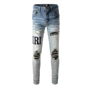 Wholesale Men's Skinny Jeans Ripped Knee Denim Pants OEM ODM Factory Price Black Patchwork Gothic Letter Print <strong>Light</strong> <strong>Trousers</strong> - Product Image 2