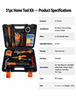 Ensemble d'outils pour la maison OEM de 51 pièces, acier à haute teneur en carbone, kit de réparation manuel, boîte à outils portable, tournevis, clés, pinces, étui rigide