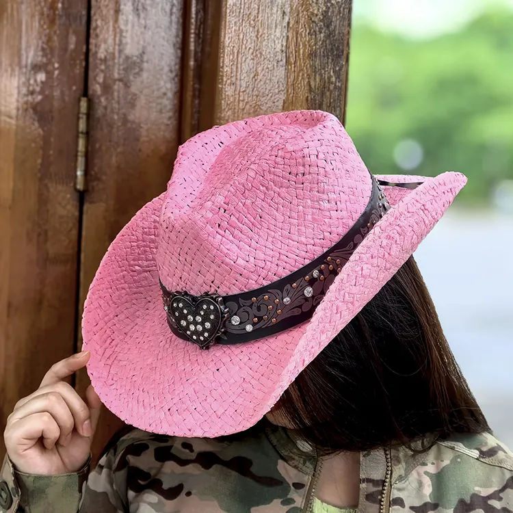 Chất Lượng Cao Phụ Nữ Giấy Rơm Màu Hồng Cowgirl Hat New Shapable Brim Sombreros Người Đàn Ông Phụ Nữ Texas Rơm Mũ Cao Bồi