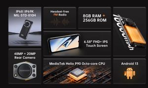   Teléfono Celular para Juegos <span class=keywords><strong>WP22</strong></span> con Altavoz de 125dB, Pantalla LED de 6.58 Pulgadas, 8GB de RAM, 256GB de ROM, Resistente al Agua IP68, Doble SIM, Android 13 - Product Image 3