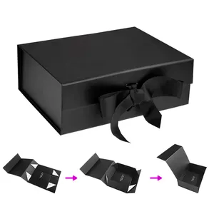 Kotak kemasan karton kertas lipat datar tutup Magnet Logo cetak kustom kotak hadiah magnetik lipat hitam dapat dilipat dengan pita