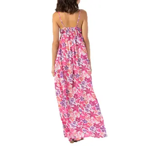 2023 नई ग्रीष्मकालीन थोक आधुनिक स्टाइलिश महिला सेक्सी कपड़े देवियों पुष्प प्रिंट लांग मैक्सी ड्रेस