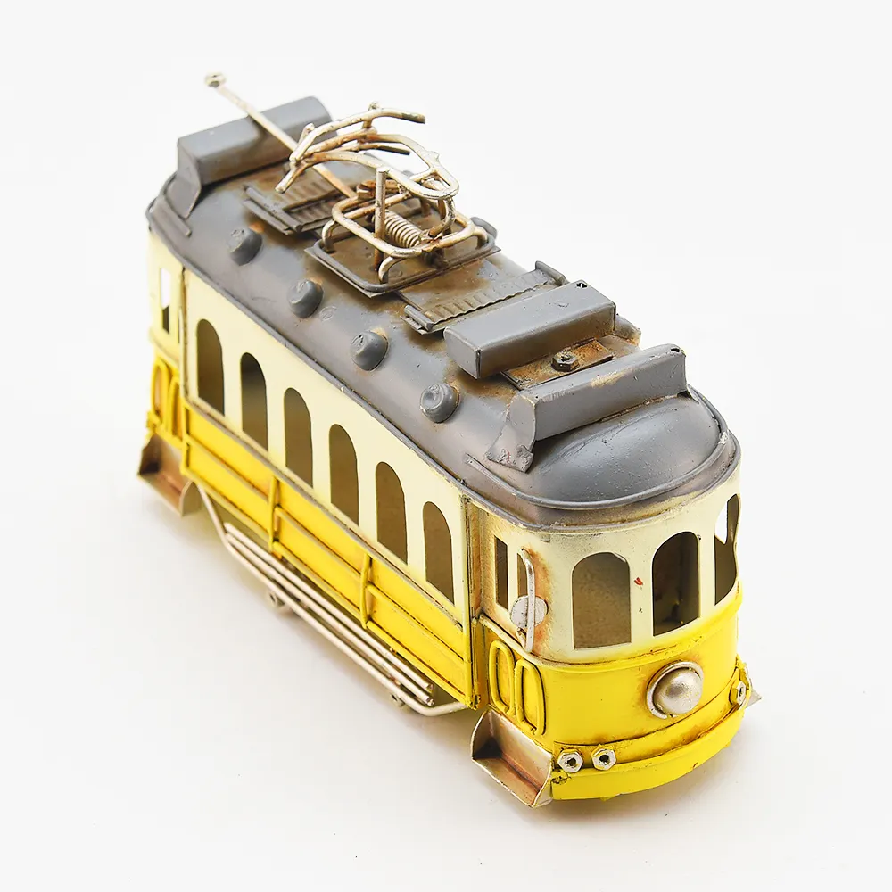 Amarelo vintage tram em miniatura carros antigos, decoração de casa enfeites de metal modelo antigo