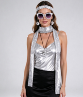 Ensemble de costumes d'Halloween vintage années 70 pour enfants unisexe, accessoires disco : écharpe à paillettes, bandeau, bracelet diamant, collier boule, boucles d'oreilles