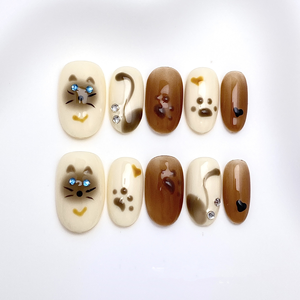 Unghie Finte Artigianali, Unghie Ovali Carine Dipinte a Mano con <span class=keywords><strong>Zampa</strong></span> di Gattino - Product Image 1