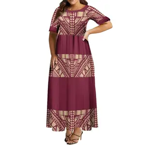 Maroon Polynesian Samoa Tribal Printed Damen kleid Sommer Elegante Party Hawaiian isches Kleid Rundhals ausschnitt Halbarm Langes Freizeit kleid