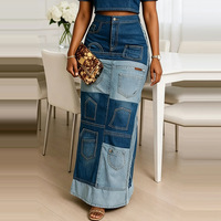 Nouvelle jupe longue maxi en jean délavé bleu patchwork taille haute pour femme, collection automne 2026, avec poches avant, élégante, décontractée et chic pour le quotidien.