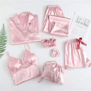 Ensemble de pyjama en soie satin pour femmes, vêtements de nuit 7 pièces, manteau ample, caraco, pantalon long, pantalon court, corde pour les cheveux - Product Image 6
