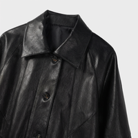 Damen Schwarzer PU-Kunstleder Mantel, Minimalistischer Stil, Reverskragen, Einreihig, Lange Ärmel, Locker Geschnitten, Mittellang, Lässige Oberbekleidung