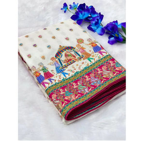 Sari Darbari Blanc Pur Elite Weaves, Imprimé Traditionnel, en Soie Viscose, Vêtements Indiens et Pakistanais, 750g - Product Image 6