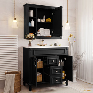 Mueble de Baño con Espejo Negro de 36'', Mueble de Almacenamiento Moderno con Lavabo Individual y 2 Puertas con Cierre Suave - Product Image 4