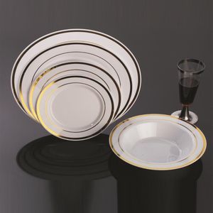 Xueli Premium oro <span class=keywords><strong>usa</strong></span> <span class=keywords><strong>e</strong></span> <span class=keywords><strong>getta</strong></span> piatti di plastica cena Dessert piatti piatto d'oro bordo nozze rotonda ciotola cinese - Product Image 1