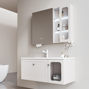 Meuble-lavabo de salle de bain moderne en bois massif style crème français avec vasque en céramique intégrée, miroir intelligent en cuivre, fixation murale, écologique - Product Image 3