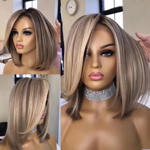 Pelucas Cortas Tipo Bob con Reflejos Rubios <span class=keywords><strong>Ceniza</strong></span>, Cabello Humano 100% Virgen con Cutícula Alineada, Pelucas con Frente de Encaje para <span class=keywords><strong>Mujer</strong></span> - Product Image 5