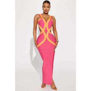 Nouvelle robe de soirée décontractée sexy pour femme, design personnalisé, taille ajustée, sans manches, col en V, découpe contrastante, fermeture dos nu - Product Image 1