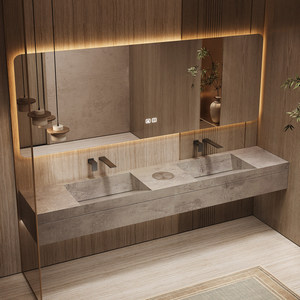 Meuble de salle de bain intelligent avec miroir LED intégré, vasque simple ou double sans joint, et plan de travail en pierre intégré. - Product Image 2