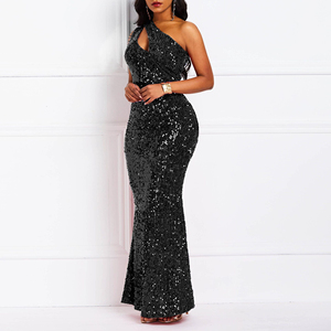 Robe de soirée à sequins de style européen et américain, à une épaule, couleur unie, dos nu, coupe sirène - Product Image 3
